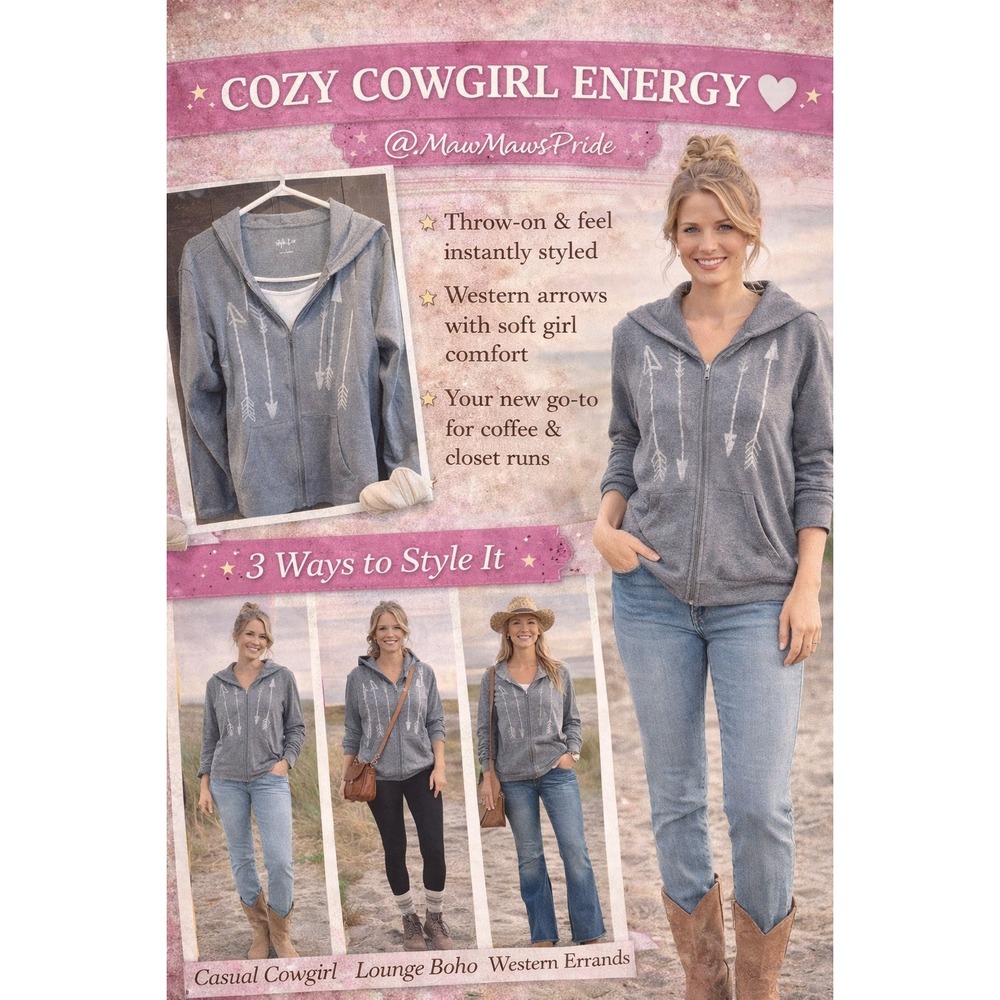Boho Arrow Hoodie Gray‎ Zip Up Hooded Sweatshirt Size L Western Casual Cozy